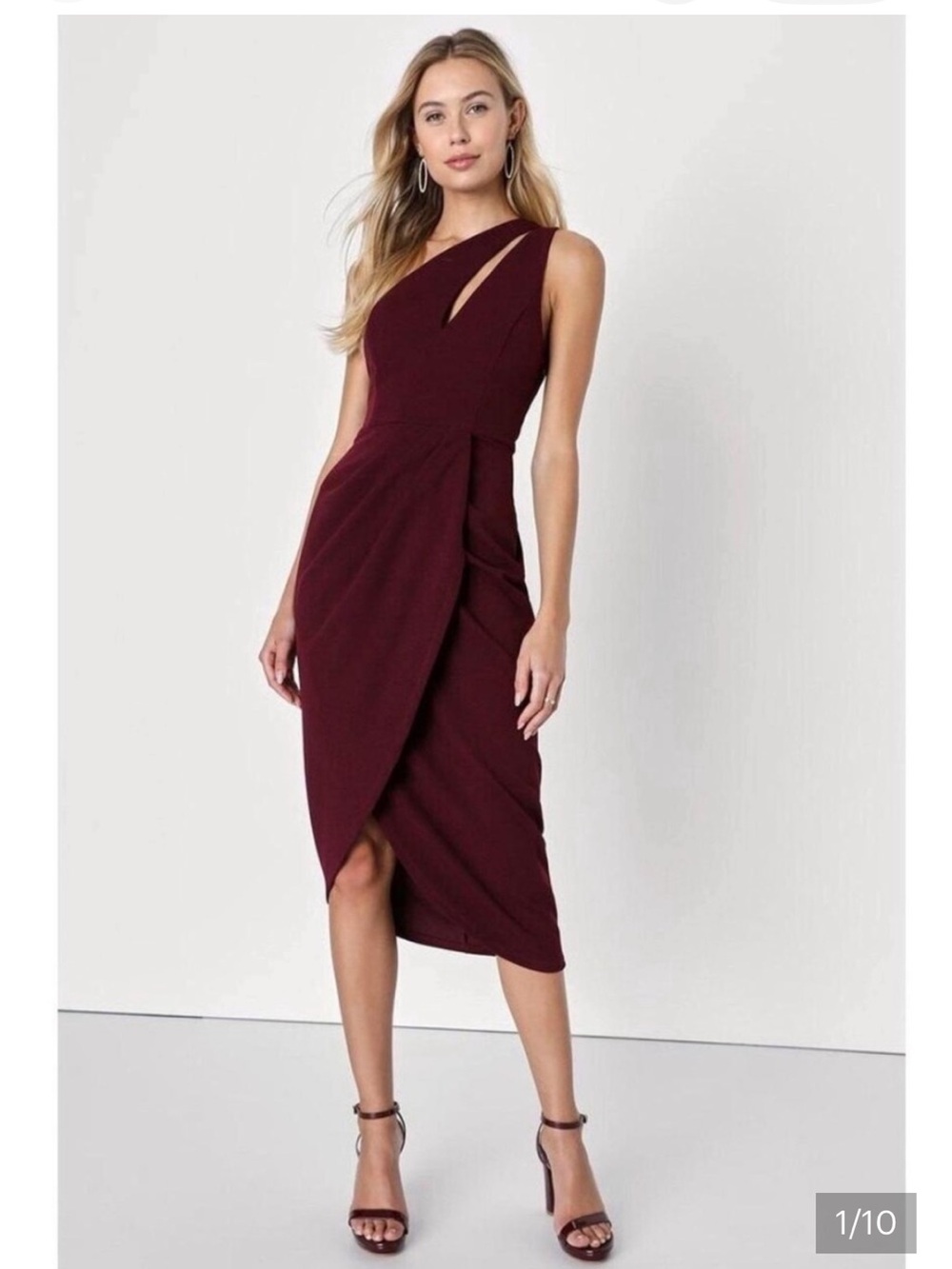 Lulu's One-Shoulder Burgundy Wrap Midi Dress